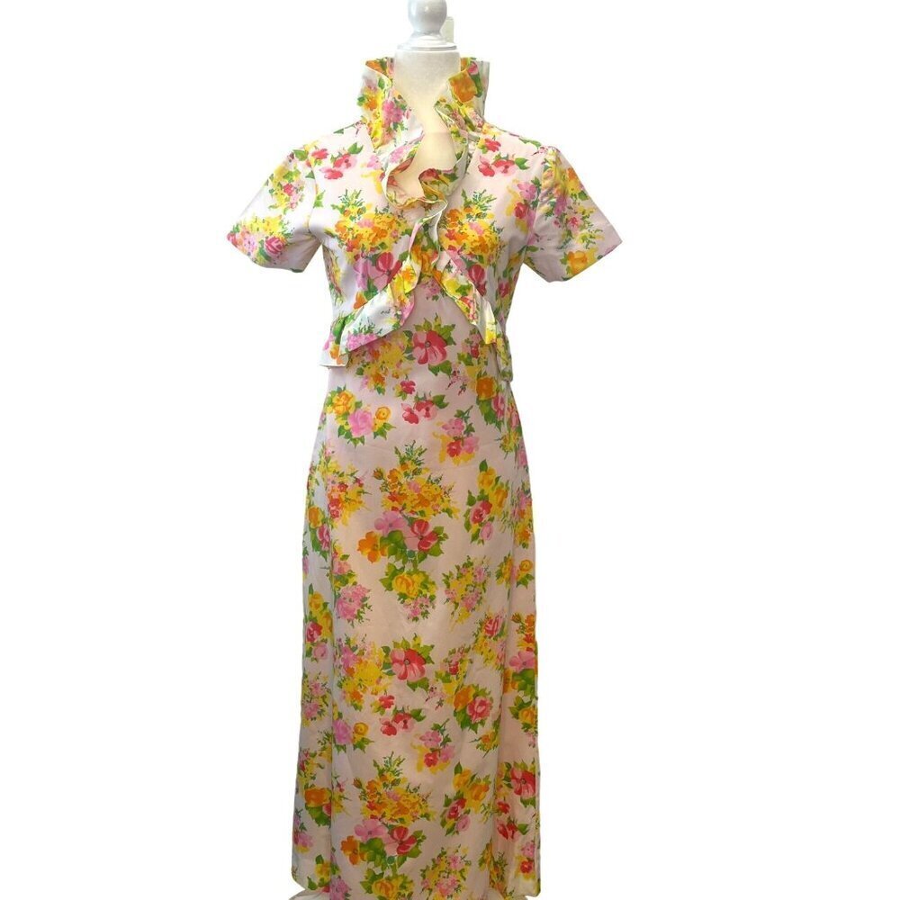 Floral Maxi Dress Vintage 60s 70s Handmade ladies XSmall Empire Bodice ruffle
